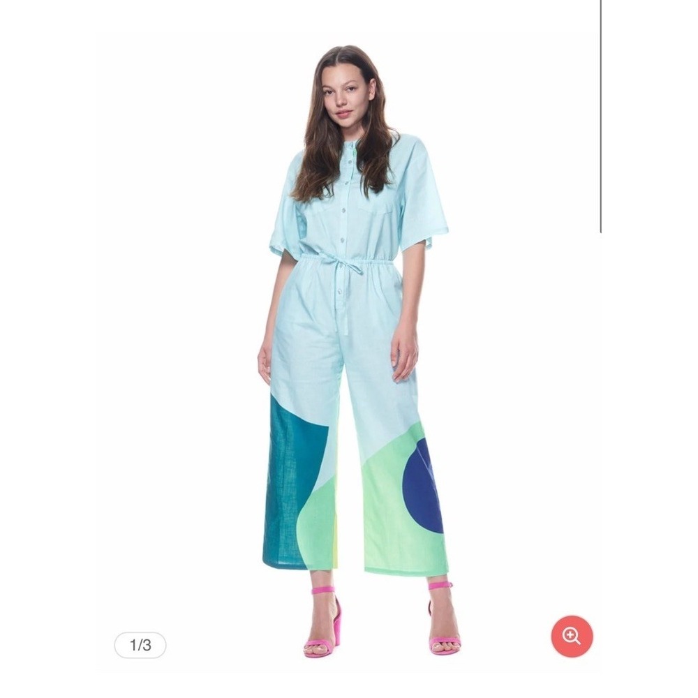 THE KIT Issa Jumpsuit XL Aqua Cut Paper Print Tie Waist Wide Leg NWT $158 Retail